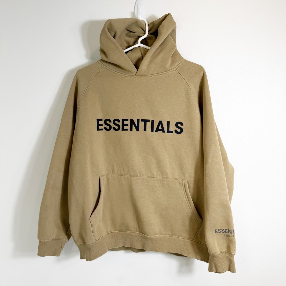 Fear of God Essentials Hoodie Mens Small Tan Khaki Pullover Logo Streetwear